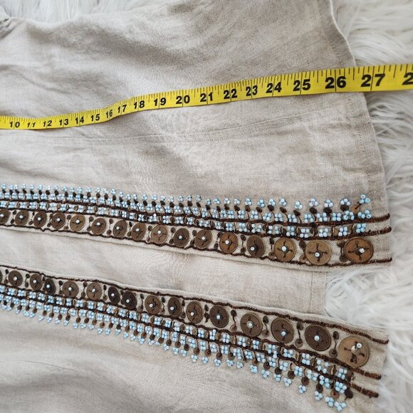 Chicos Jacket Women's 2 L 12‎ Embellished 100% Linen 3/4 Sleeves Tan Boho Casual - Picture 12 of 15